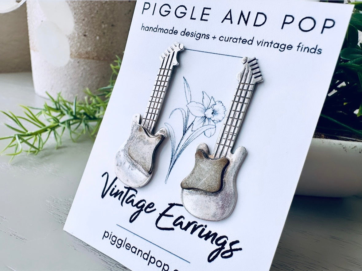 Silver Guitar Earrings, Vintage Music Earrings,  Genuine 925 Mexican Silver Post Earrings, Interesting Cool Pierced Guitar Post Earrings