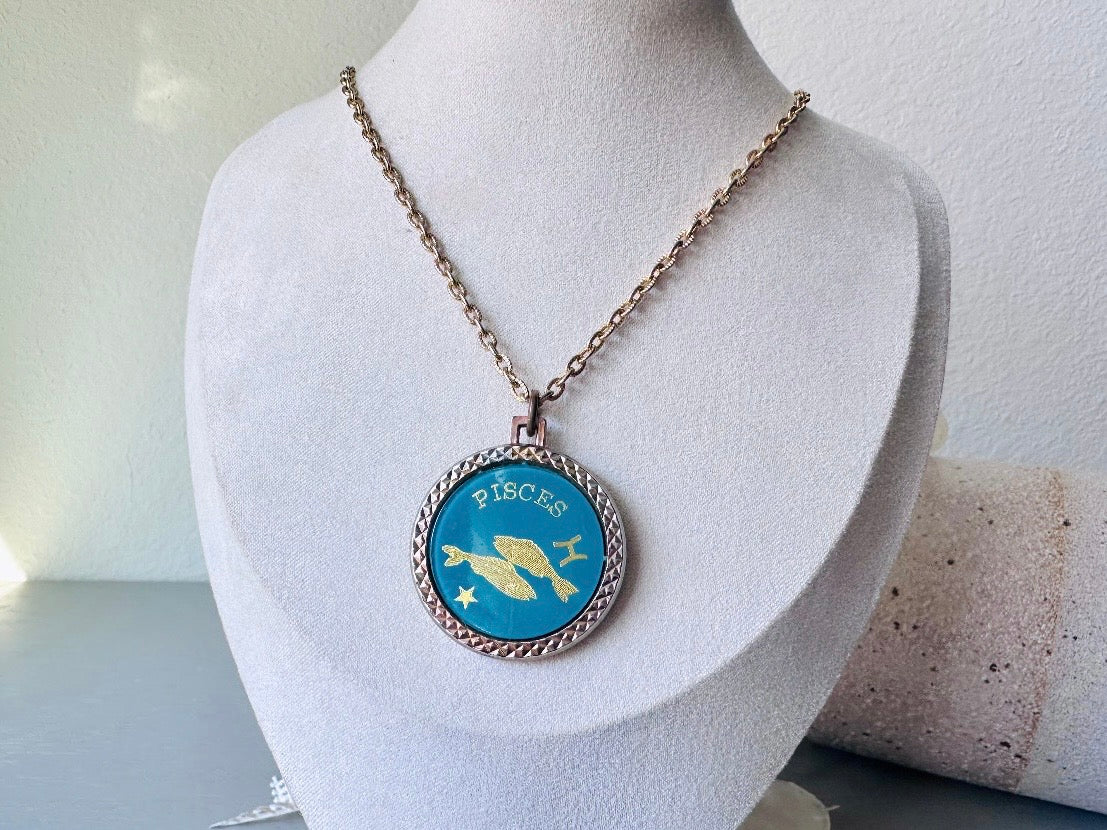 Vintage Pisces Zodiac Necklace, Star Sign Astrology Necklace, Unique Birthday Gift, Long Gold Pendant Double Sided Aqua & 1776 Coin Pendant