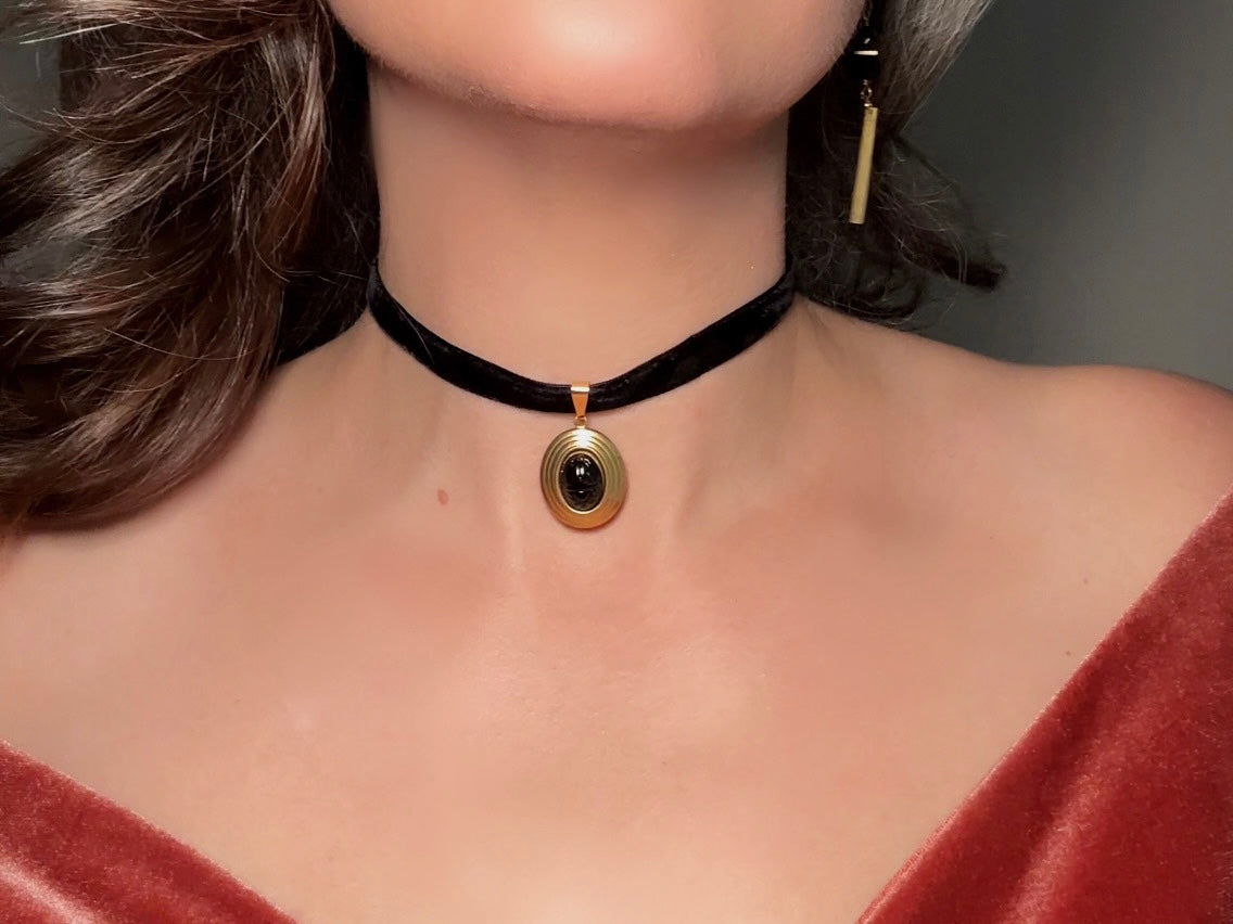 Black Scarab Choker Necklace, Handmade Black Velvet Choker with Vintage Glass Scarab Cabochon Pendant