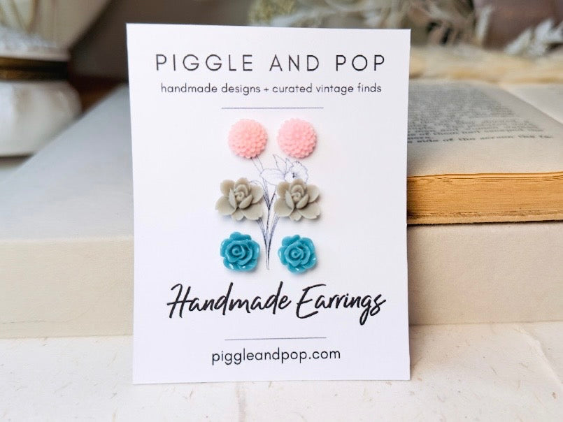 Flower Post Earrings Set in Pink Grey and Teal, Hypoallergenic for Sensitive Ears