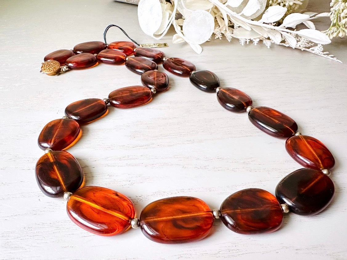 Amber Lucite Necklace, Gorgeous Deadstock Vintage 1970s Necklace, Glowing Tortoiseshell Beaded Necklace, Long Chunky Beaded Vintage Jewelry