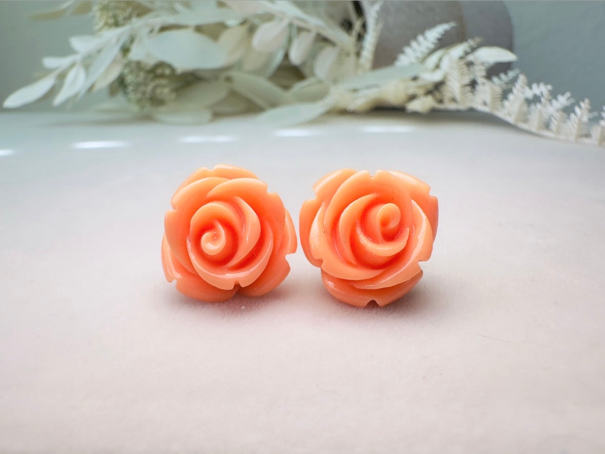 Orange Rose Earring, Light Orange Sorbet Summer Earrings, Colorful Cute Large Rose Stud Earrings, Resin Cabochon Rosettes, Hypoallergenic