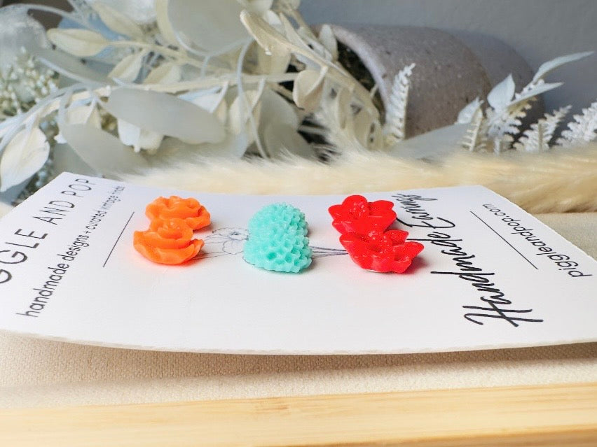Flower Earring Stud Set in Orange, Teal and Red, Handmade Colorful Hypoallergenic Surgical Steel Post Earrings