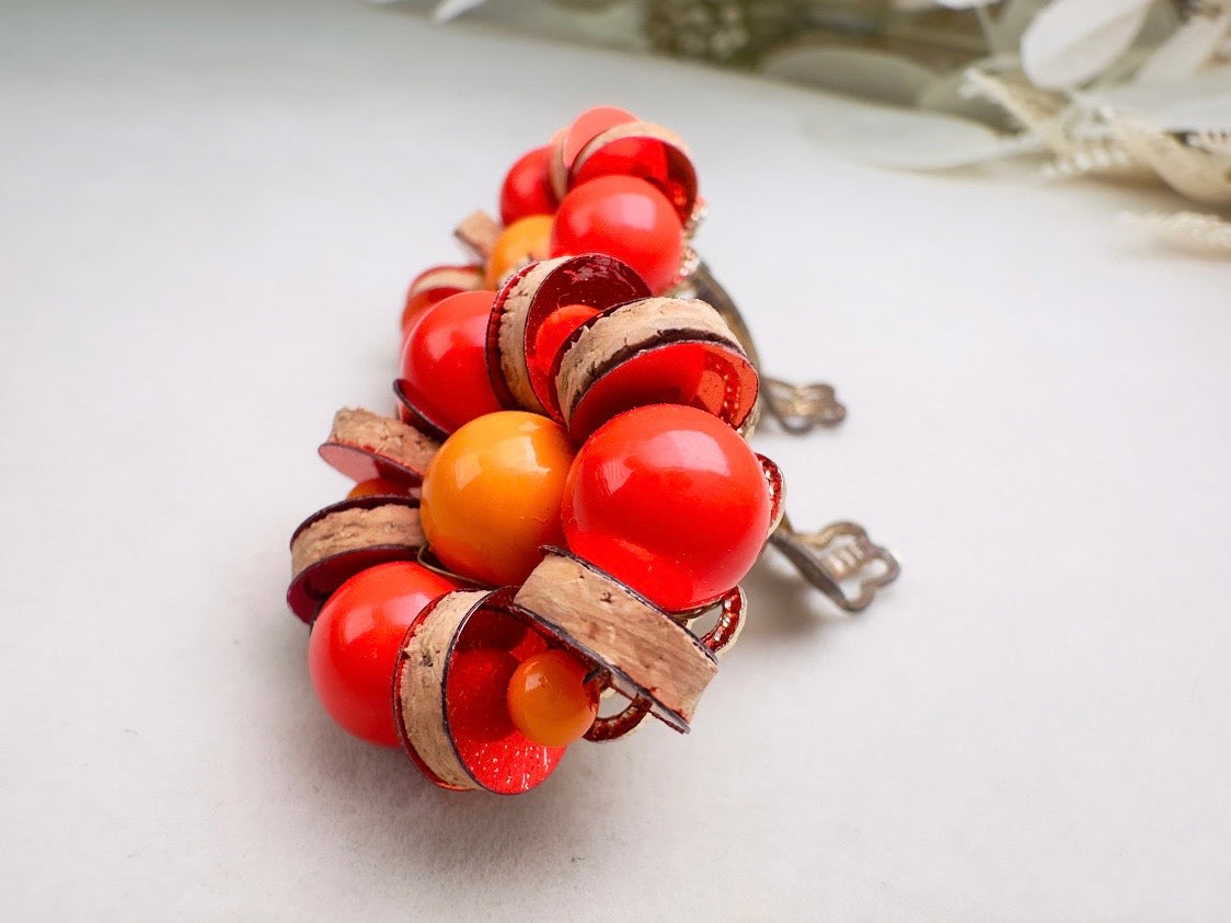 Vintage Japanese Earrings, Colorful 60s Earrings in Red + Orange with Wood and Sequins, Beaded Clip On Earrings