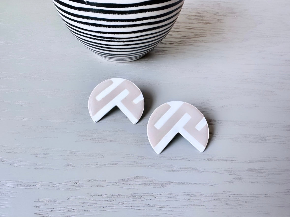 Taupe and White Earrings, Oversized Geometric Enamel Earrings, Fun 1980's Vintage Earrings, Interesting Shape Neutral Earrings