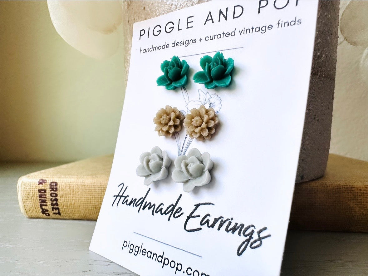 Botanical Post Earrings Set, Flower Stud Earrings in Emerald Green, Latte Brown and Cool Grey Earring Gift Set, Cute Floral Resin Earrings handmade by Piggle and Pop