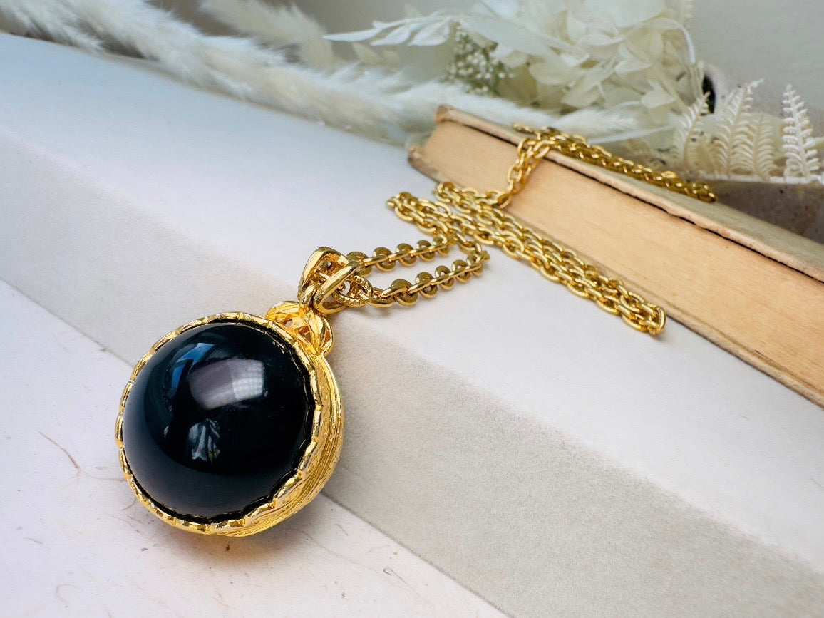 Black Locket Necklace, Sphere Locket Pendant Necklace on Extra Long Gold Chain, Vintage Liz Claiborne Necklace