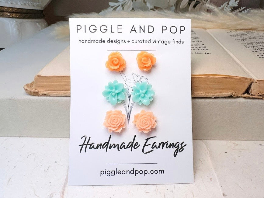 Flower Stud Earrings Set, Mint and Peach Post Earring Gift Set, Hypoallergenic Handmade Small Stud Earring