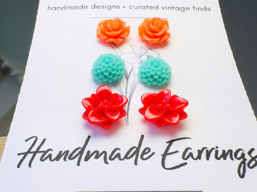 Flower Earring Stud Set in Orange, Teal and Red, Handmade Colorful Hypoallergenic Surgical Steel Post Earrings