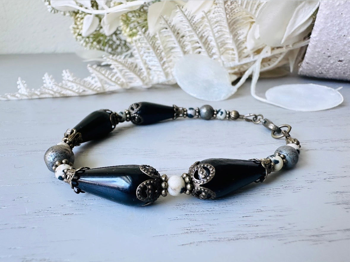 Black Gemstone Bracelet, Handmade Dalmatian Jasper, Czech Glass + Natural Pyrite Stone Bracelet, Unique Beaded Bracelet with Bronze Accents