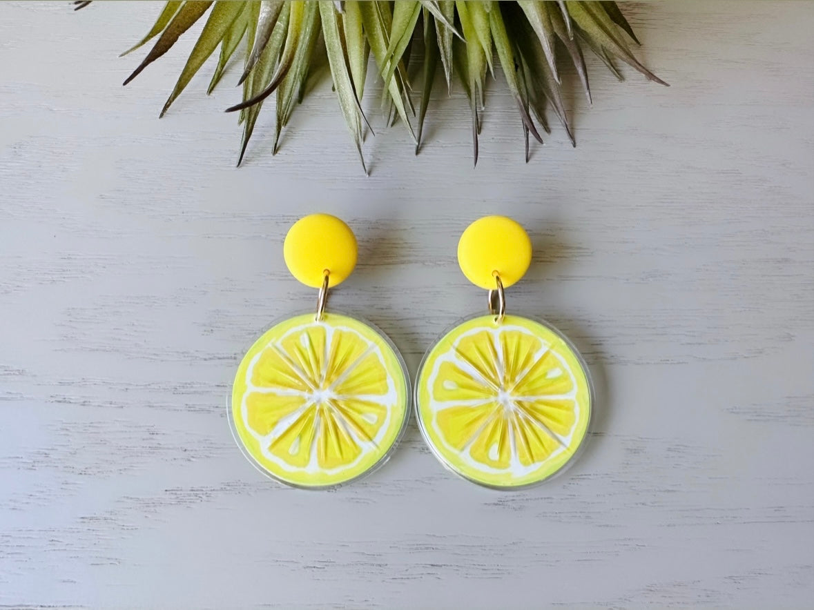 Bright Yellow Lemon Earrings, 1993 Tooty Fruity Summer Fruit Earrings, Vintage Acrylic  Earrings, Big 90s Does 60s Retro Lemon Slice Earring