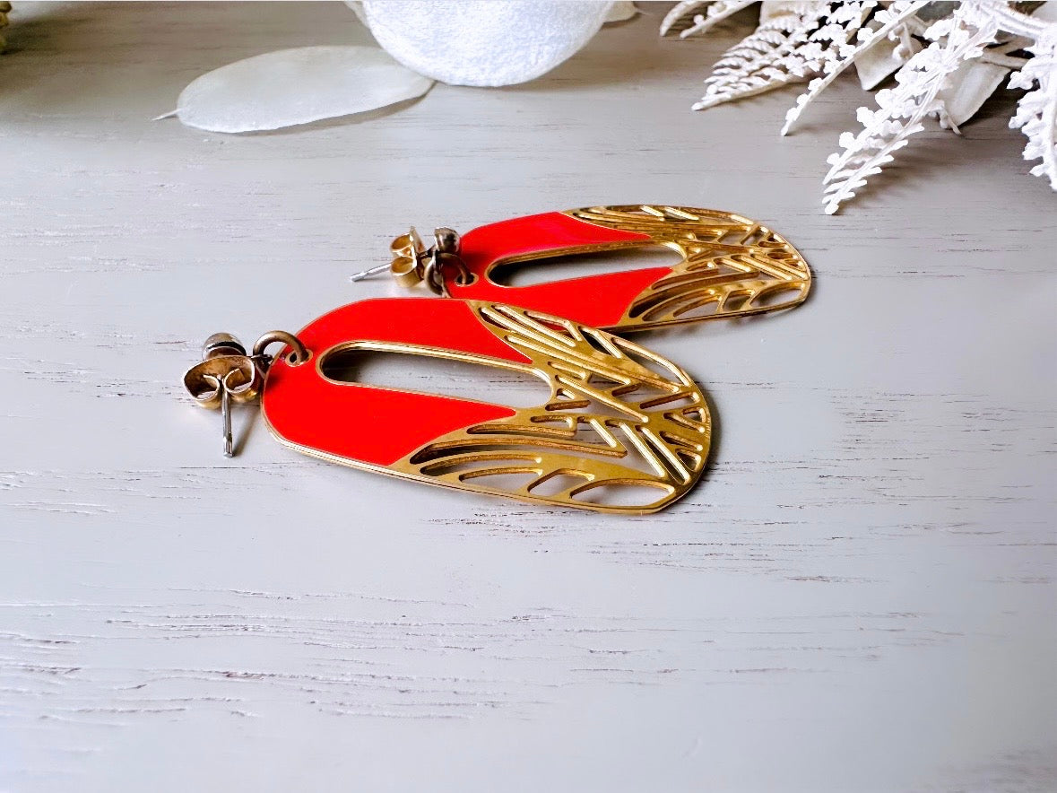 Red and Gold Vintage Berebi Earrings, Fun 1980s Edgar Berebi Collector's Earrings, Red Enamel Gold Lace Pierced Enamel Stud Earring Dangles