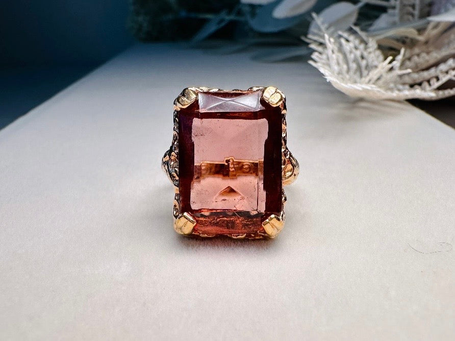 Vintage Cocktail Ring, 1973 Twilight Faux Amethyst Emerald Cut Ring