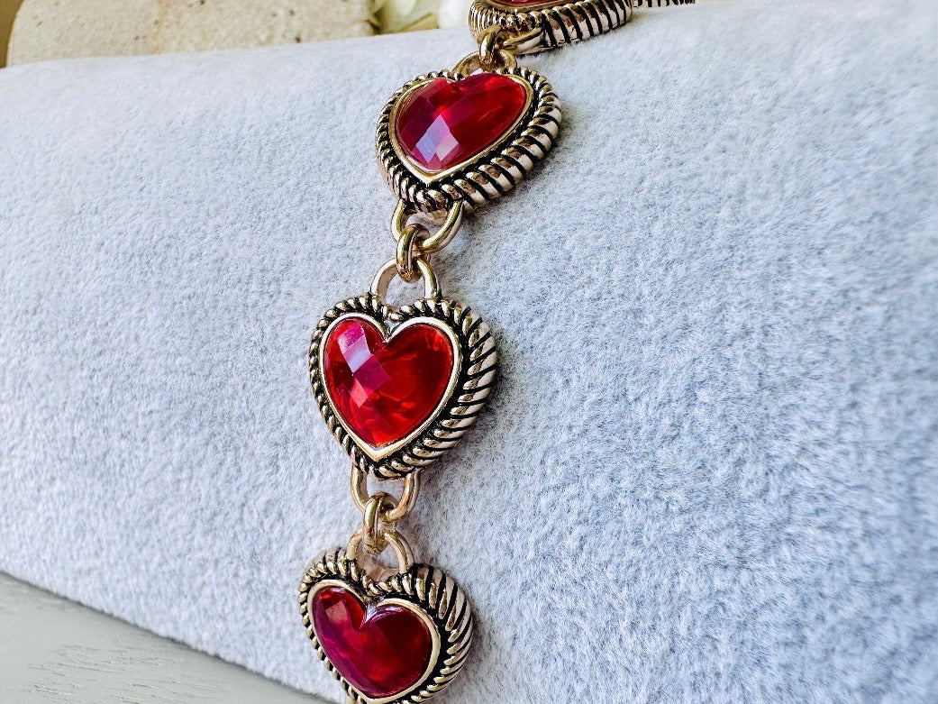 Napier Heart Bracelet, Red Confetti Heart Lucite Link Bracelet, Cute Vintage Bracelet, Gifts for Her, Gold Heart Jewelry, Signed Designer