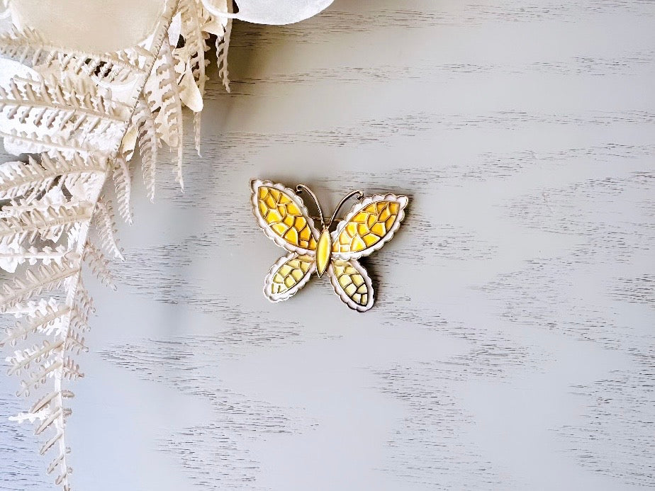 Yellow Spring Butterfly Brooch, Bright Vintage Enamel Butterfly Pin for Scarf Lapel, Beautiful Gold Lace Wing Filigree Butterfly Broach