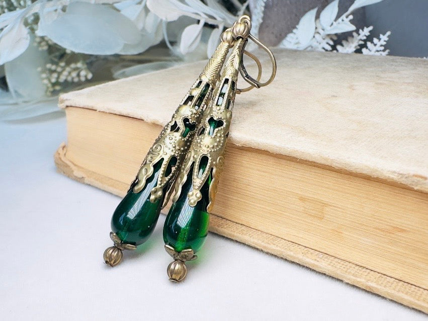 Green Teardrop Earrings, Handmade Renaissance Jewelry with Victorian Filigree, Romantic Gothic Long Beaded Crystal Dangle Earrings
