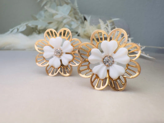 Gold Filigree Flower Earrings, 60s Vintage White and Gold Clip On Earrings