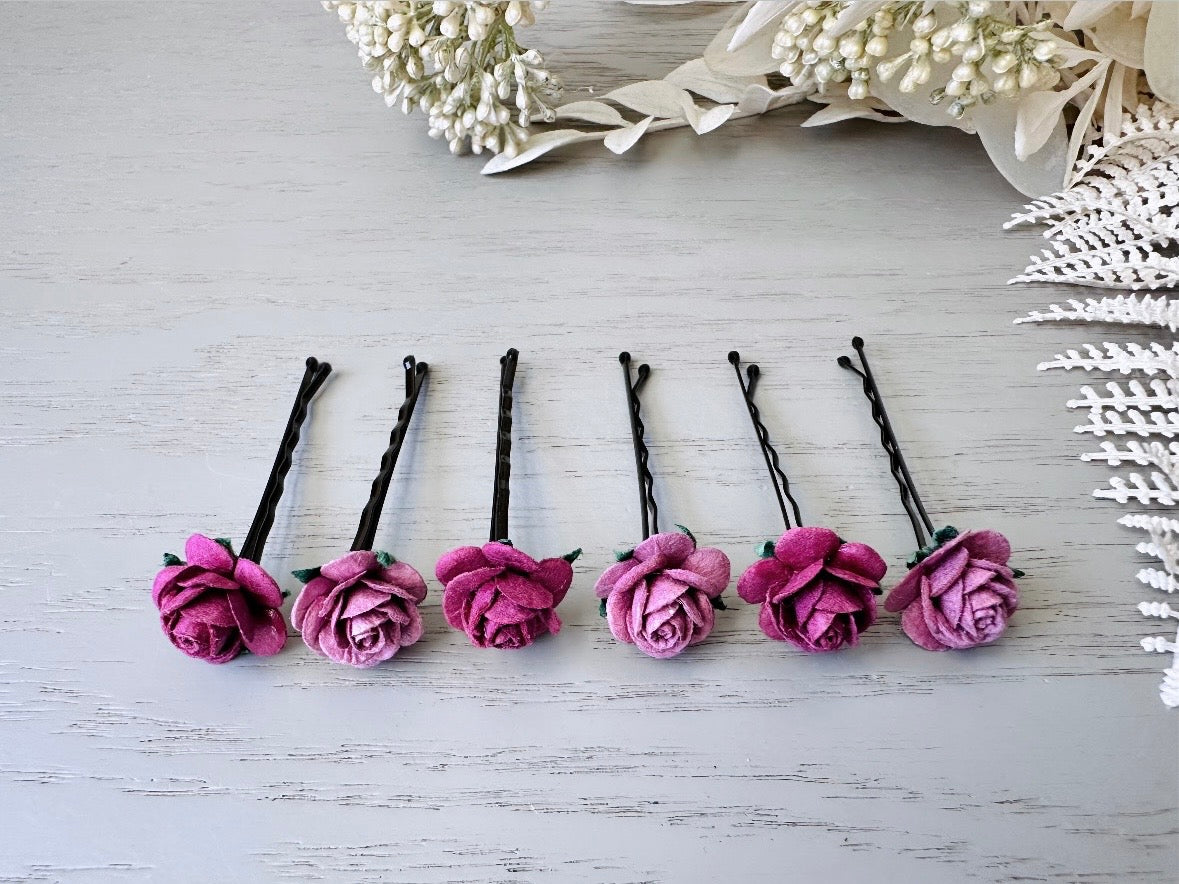 Rose Hair Pins in Wine Purple and Soft Lilac,  Paper Flower Bobby Pins, Merlot Wedding Rustic Hair Pins, 6 Floral Autumn Fall Hair Flowers MPR6