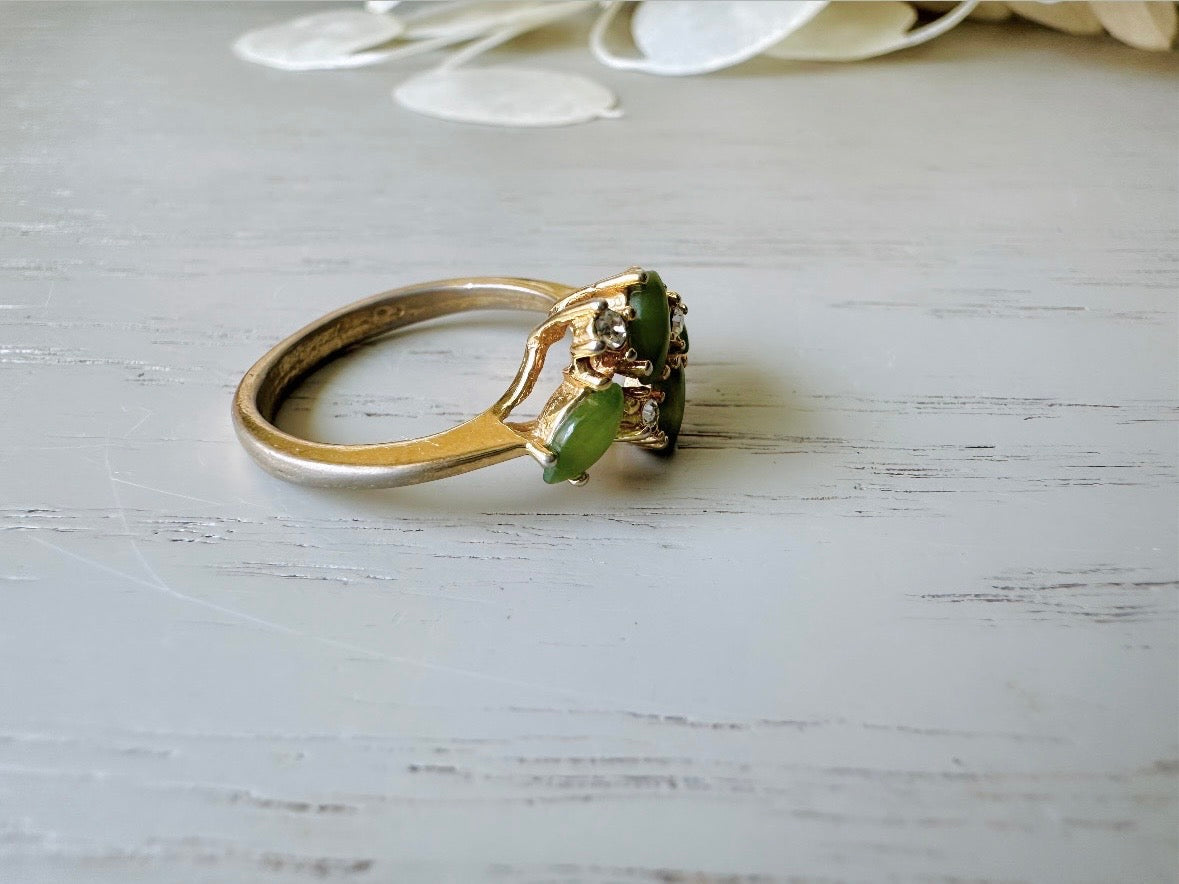 Green Vintage Cocktail Ring, 1960's Costume Fashion Ring, Gold Toned Diamond Rhinestone & Natural Green Jade Hollywood Regency Ring