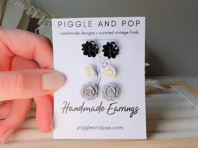Black White Grey Flower Stud Earrings Set, Small Resin Flower Earrings, Monochrome Post Earrings, Matte and Glossy Black and White Earrings
