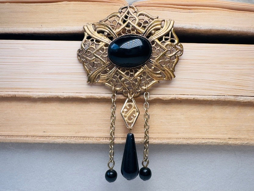 Black Victorian Brooch, Antique Filigree Pin with Black Cameo & Chain Tassels  Romantic Victorian Revival Jewelry