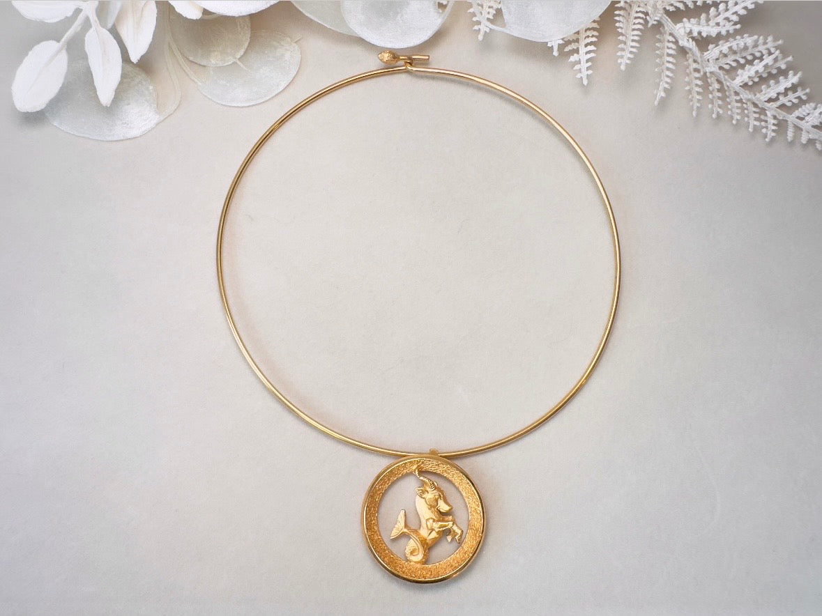 Capricorn Zodiac Necklace, Rare Signed Crown Trifari Designer Matte Gold Hoop Choker Astrology Necklace