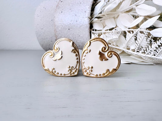 Cream Heart Earrings, Cream and Gold Enamel Heart Clip on Earrings, Unique Vintage Scroll Heart Earrings, Lolita Pretty Cute Earrings