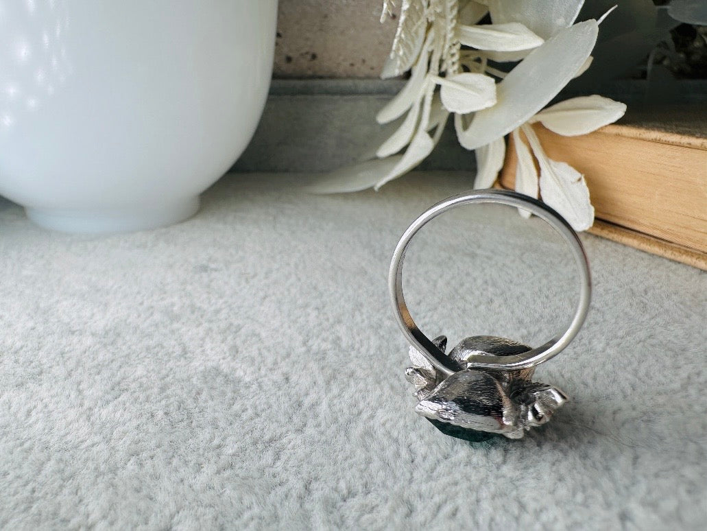 Vintage 70s Ring, Double Heart Love Story Ring Emerald 1973 May Birthstone Cocktail Ring, Chunky Costume Jewelry, Vintage Sarah Coventry