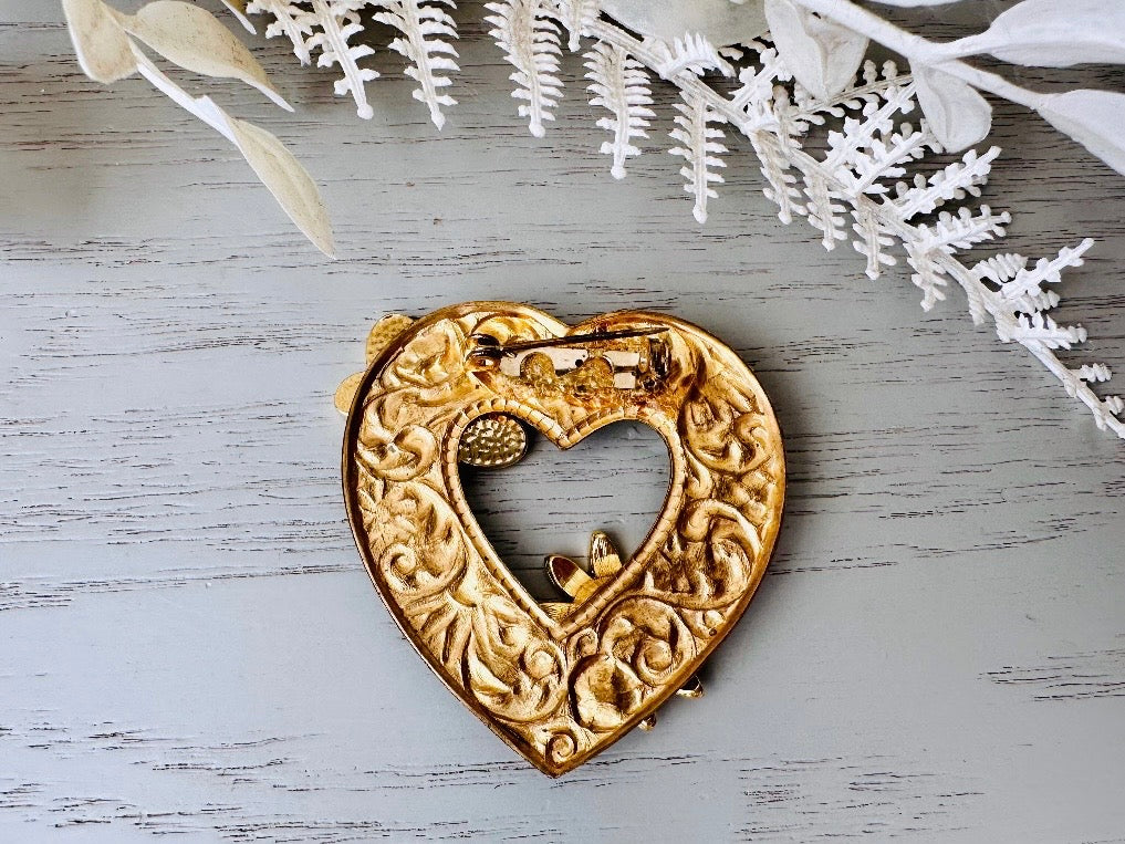 Vintage Heart Brooch, Romantic Regency Era Embossed Gold Heart Pin with Intricate Scrollwork, Raised Sunflower and Rhinestone Butterfly