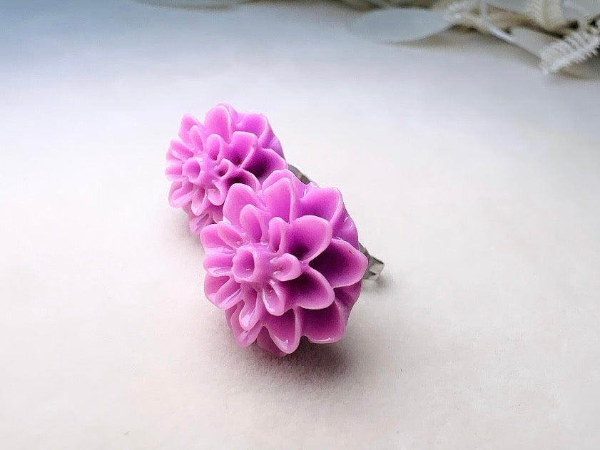 Purple Flower Earrings, Handmade Big Dahlia Resin Flower Stud Earrings