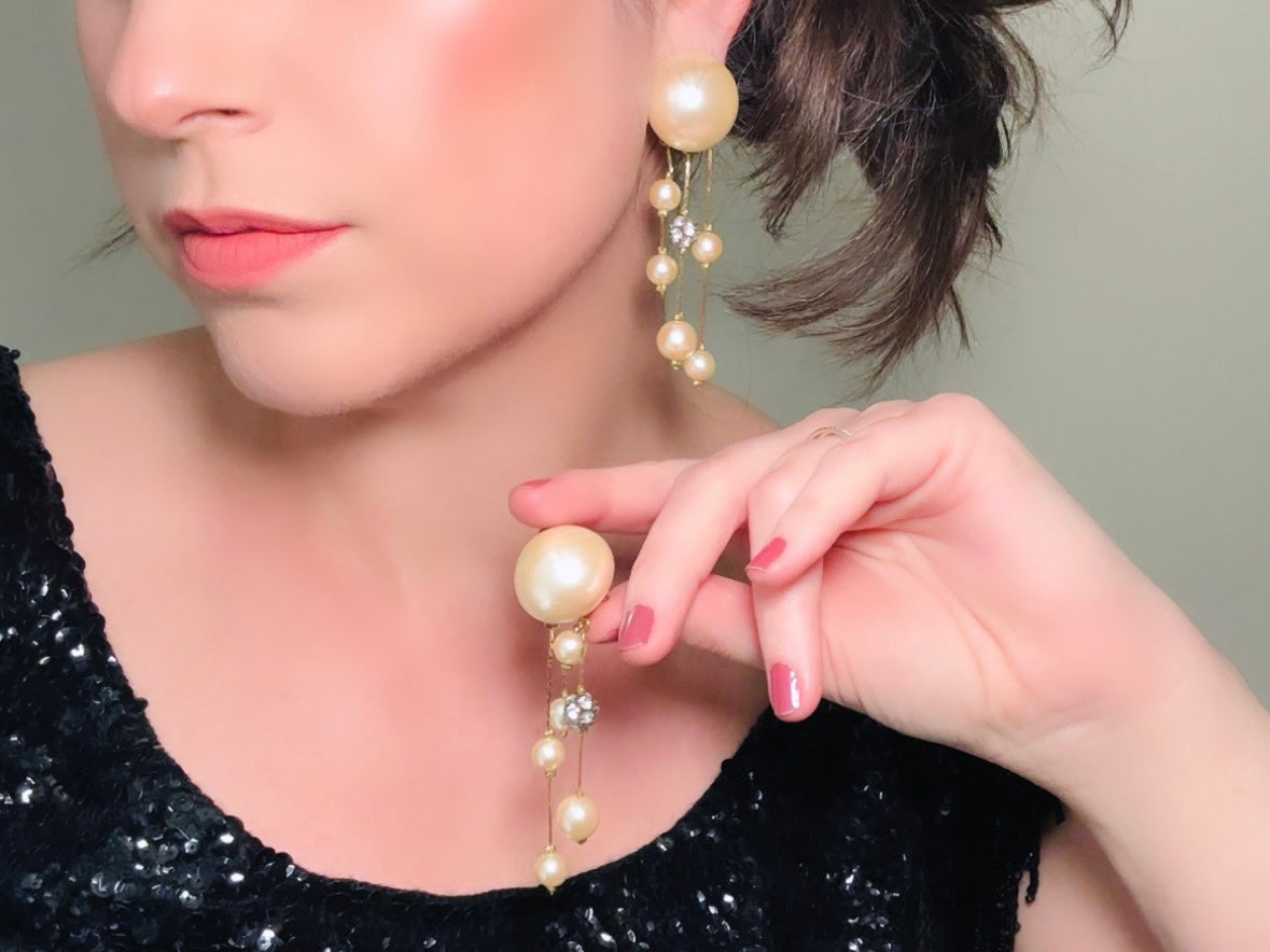 Les Bernard Pearl Earrings, Extraordinary Vintage 1980's Oversized Gold Tone Pearl Pave Fringe Designer Vintage Signed Statement Earrings