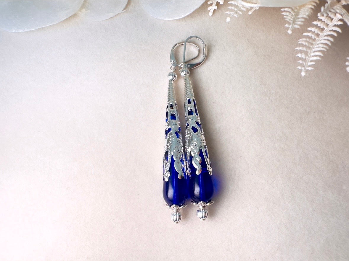 Blue Teardrop Earrings, Long Handmade Cobalt Blue Czech Glass Beaded Drop Earrings with Victorian Silver Filigree Cones