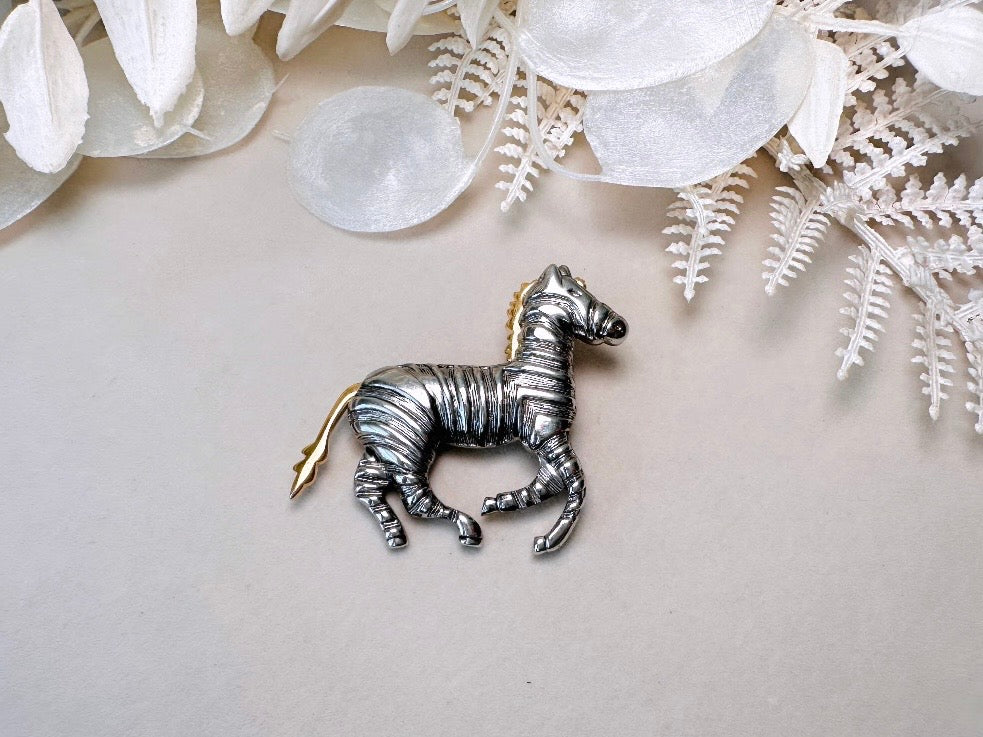 Vintage Zebra Brooch Pin, Liz Claiborne Mixed Metal Silver and Gold Wild Zebra Pin