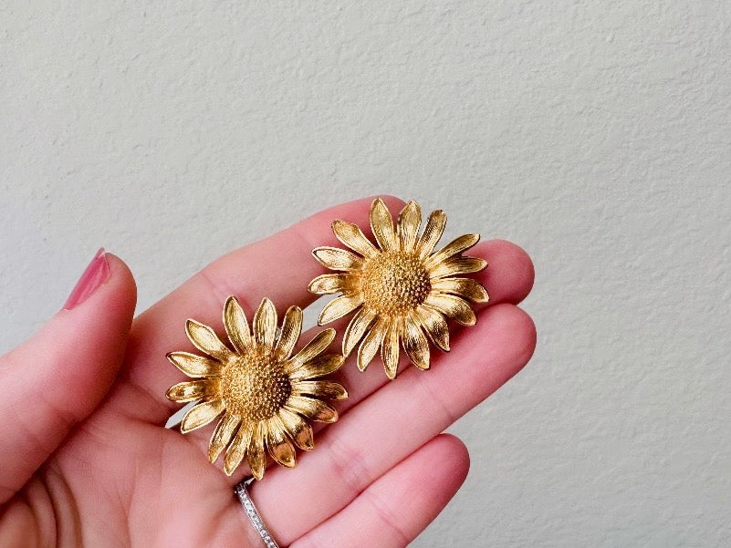 Vintage Monet Sunflower Earrings, Big Gold Sunflower Earrings, Vintage 60s Pierced Monet Earrings, 1960s Large Gold Flower Earrings