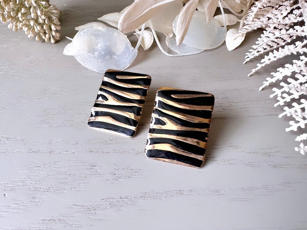 Zebra Print Earrings, Black and Gold Vintage 1980's Stud Earrings, Rectangle Animal Print Earrings, 80s Funky Large Pierced Post Earrings