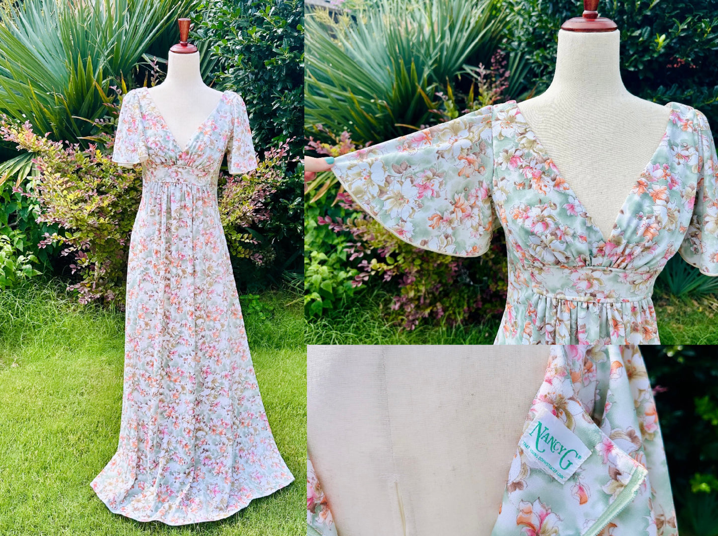 Vintage 1960s Dress, Orange + Pink Floral Nancy G Flower Maxi Dress, Whimsical Summer Long Dress Empire Waist V-Neck, Flutter Sleeves