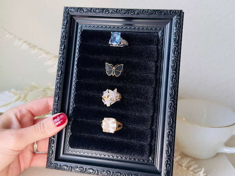 002 Black Velvet Jewelry Display Frame, Handmade Victorian Style Midnight Black Ring Holder