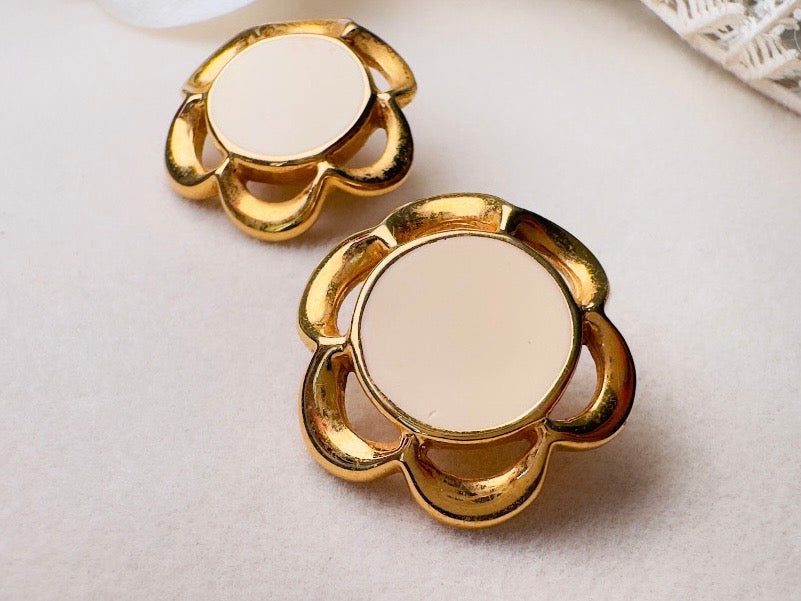 Gold Flower Earrings with Cream Enamel Center, Vintage Floral Post Earrings Signed JS