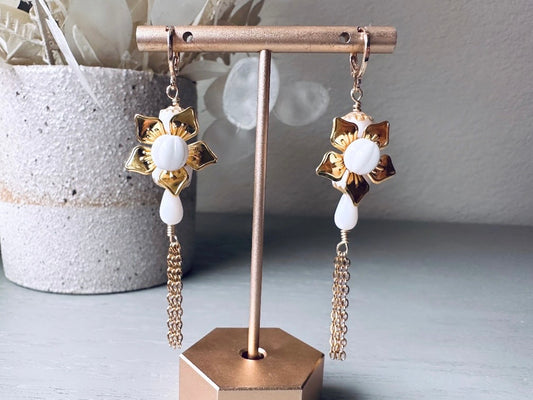 Glass Flower Earrings, Handmade Gold Flower Dangle Earrings, White Teardrop + Cathedral Gold Wash Crystals, Pretty 14kt Gold Plated Tassels