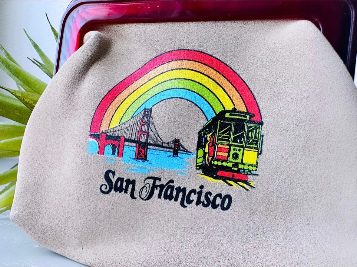 San Francisco Rainbow Clutch Purse, Cute 1970s Vintage Coin Purse, Tan w Lucite Handles, Vintage California Souvenier Shop, Friendship Pride