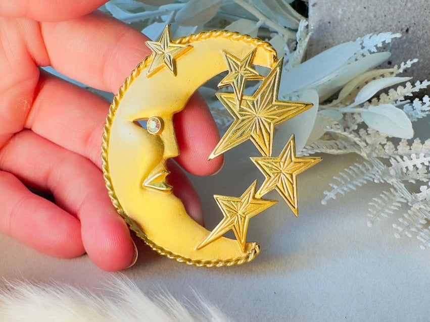 Moon and Stars Vintage Matte Gold JJ Brooch, Man in the Moon Oversized Celestial Jewelry