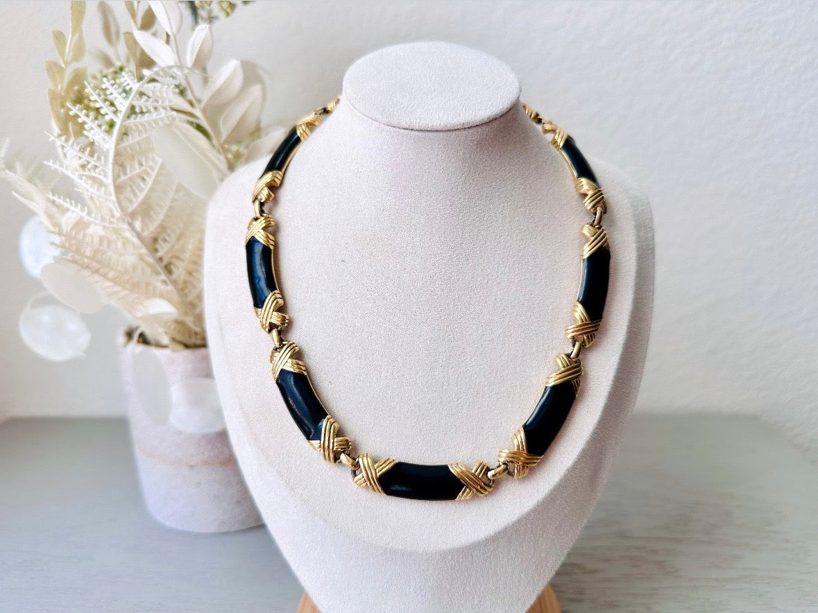 Vintage Monet Necklace Black Enamel and Gold X Choker Necklace, Runway Couture Signed Designer Vintage 1980s Mogul Necklace