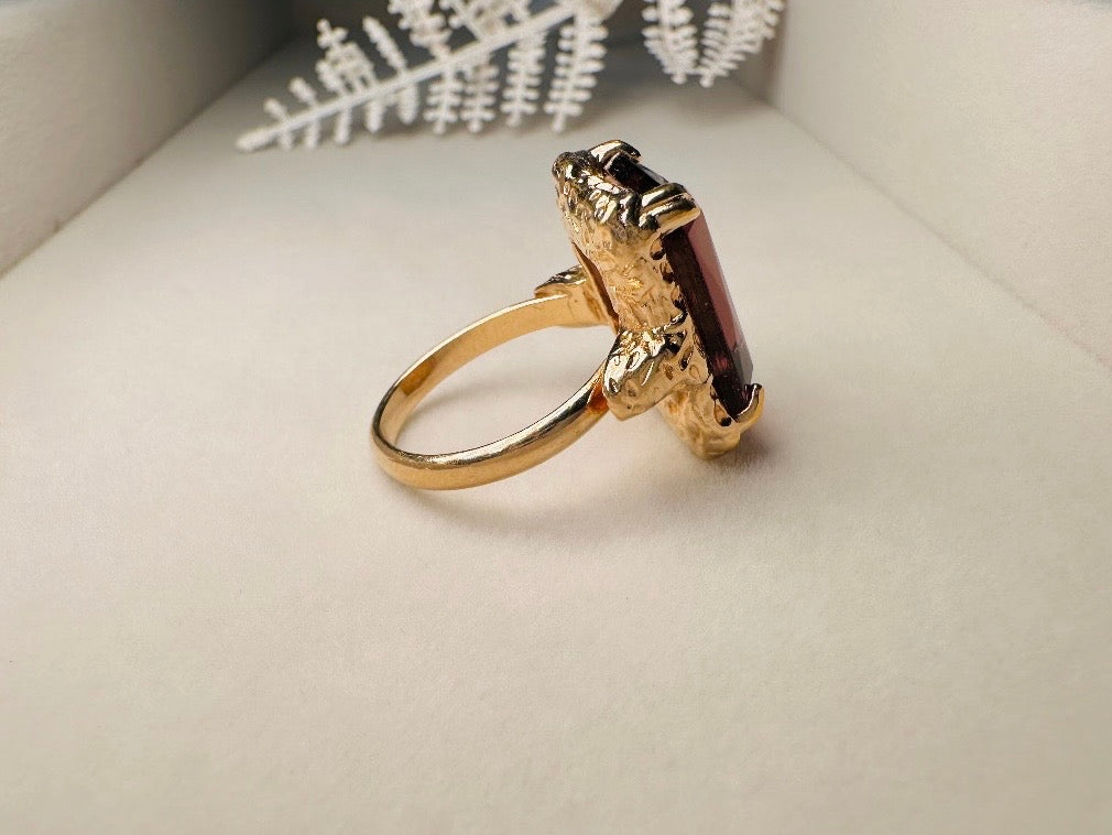 Vintage Cocktail Ring, 1973 Twilight Faux Amethyst Emerald Cut Ring