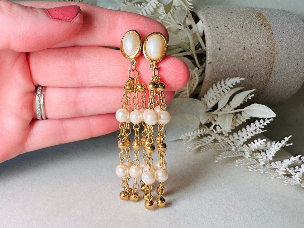 Vintage Trifari Pearl Chandelier Earrings, 1980s Signed Designer Earrings, Delicate Long Fine Gold Chain Tassels Cream Pearls