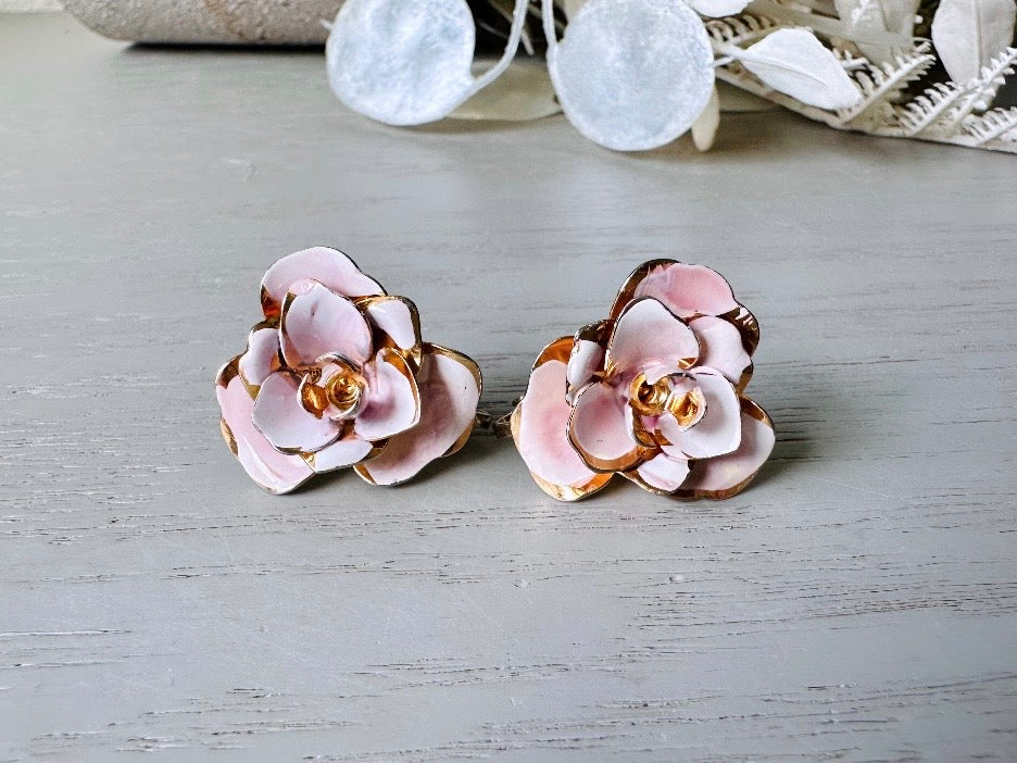 Pink Flower Earrings, Gorgeous White & Pink Enamel Earrings, Vintage Rose Earrings in Gold, Beautiful Screw Back NonPierced Bridal Earrings