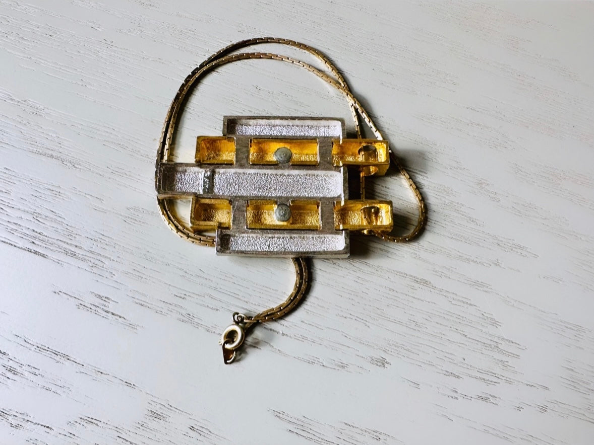 1976 Silver and Gold Avon Pendant Necklace, Mid Century Modern Goldtone and Silvertone 20" Two Tone Geometric Pendant Vintage Necklace