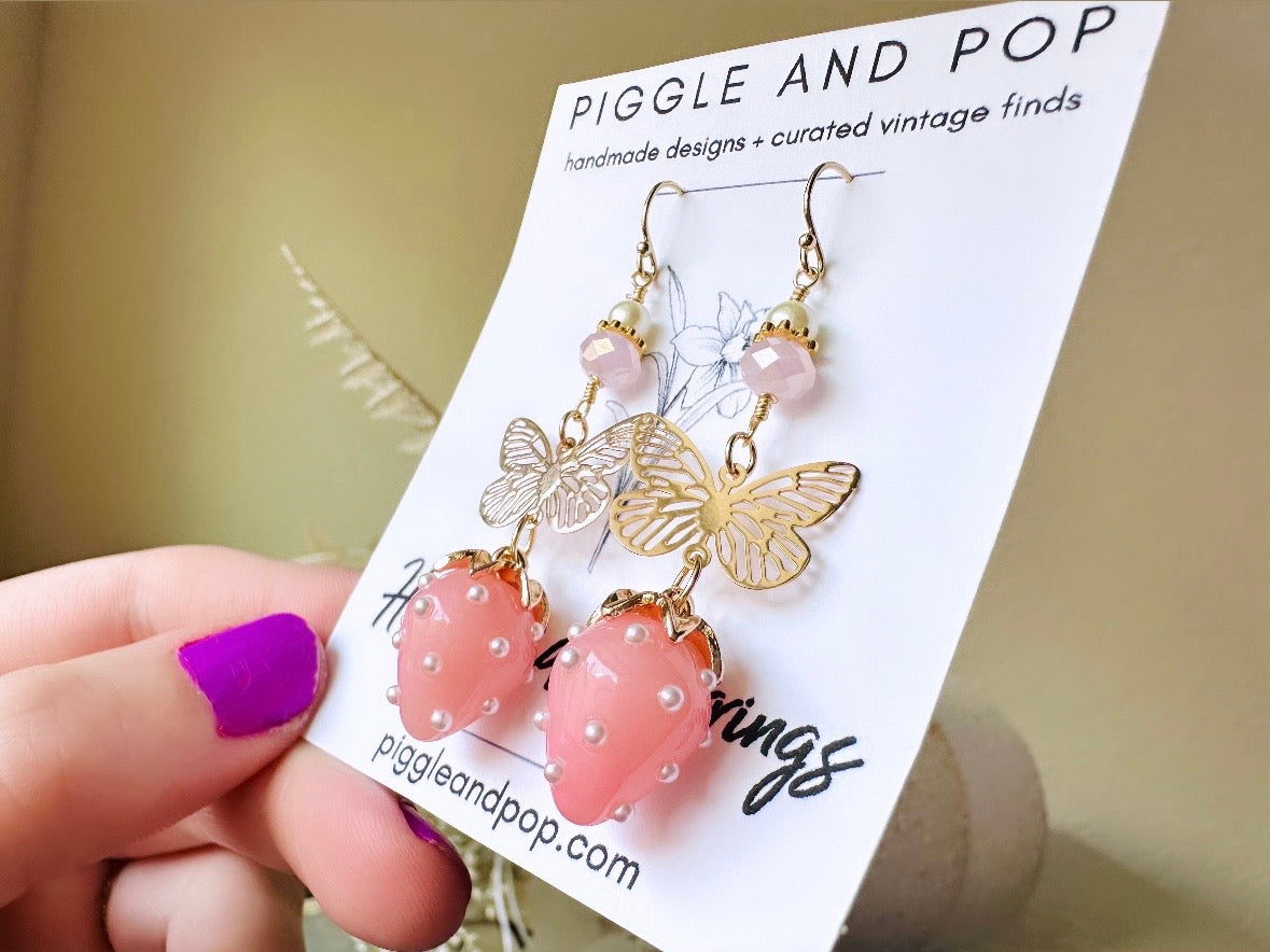 Pink Strawberry Earrings, Original Handmade 24k Gold Filigree Butterfly, Pearl and Crystal  Glass Dangle Earrings, Pretty Whimsical Earrings