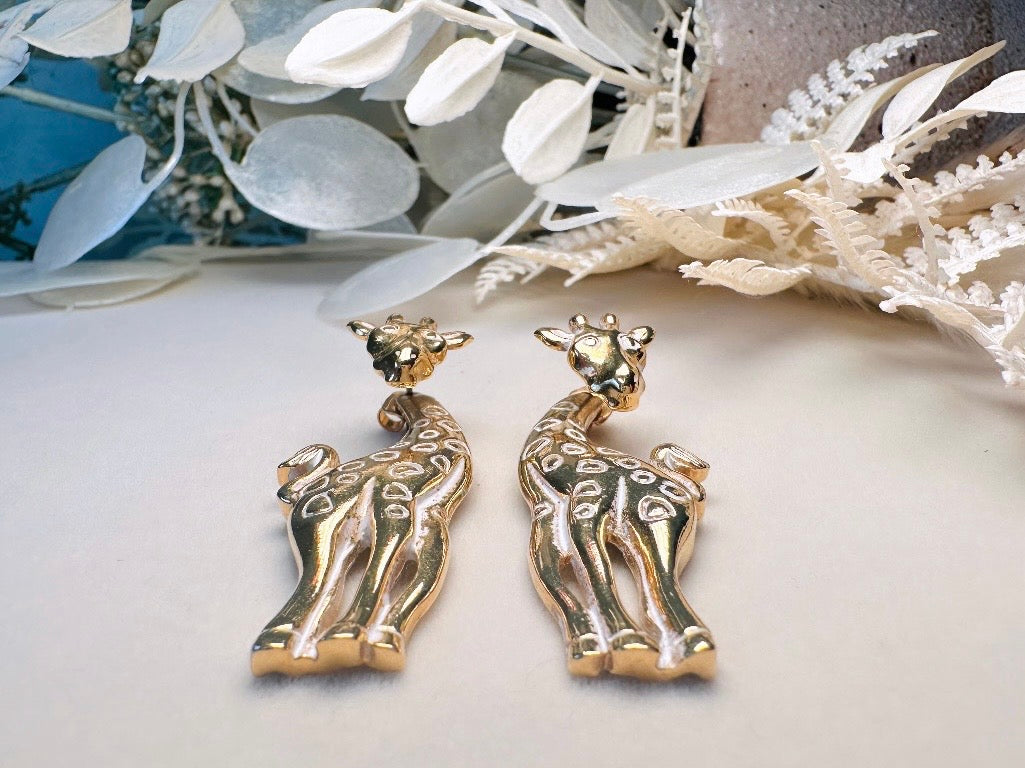 Vintage Giraffe Earrings, White and Gold Pierced Post Earrings with Moveable Head, Convertable Stud to Dangle Earrings, Animal Lover Gifts