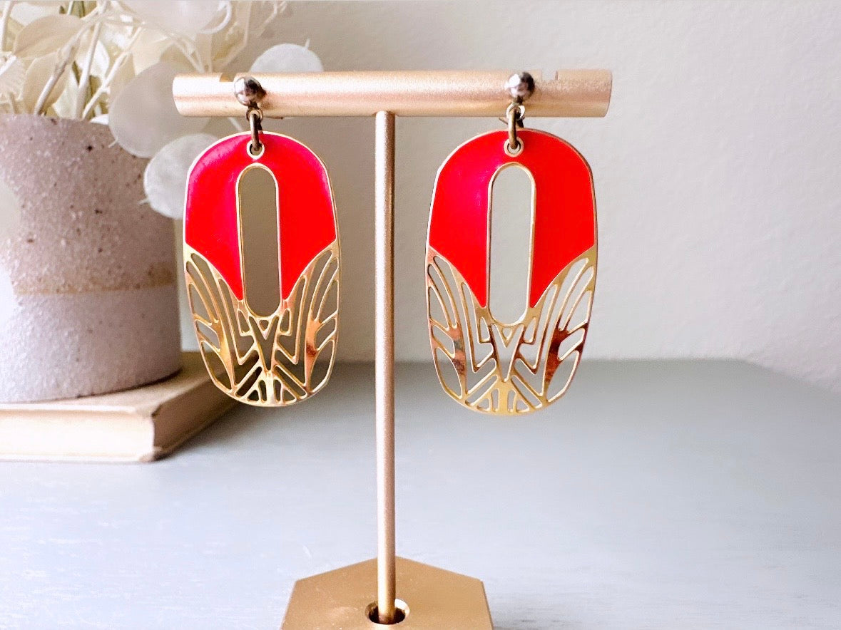 Red and Gold Vintage Berebi Earrings, Fun 1980s Edgar Berebi Collector's Earrings, Red Enamel Gold Lace Pierced Enamel Stud Earring Dangles