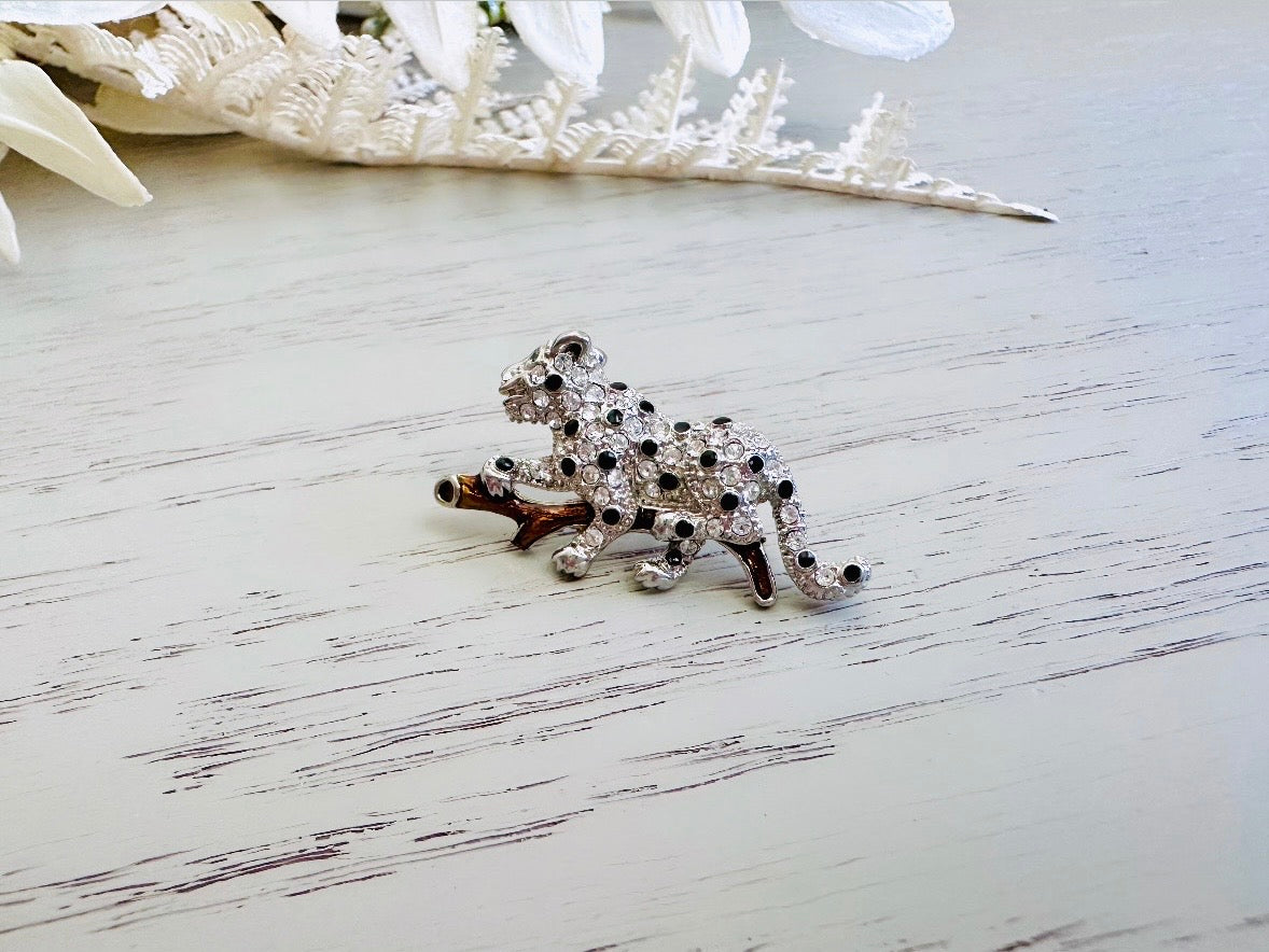 Vintage Leopard Pin, Sparkling Vintage Animal Brooch, 1980s Vintage Silver Tone Snow Leopard with Black, Emerald and Diamond Crystals